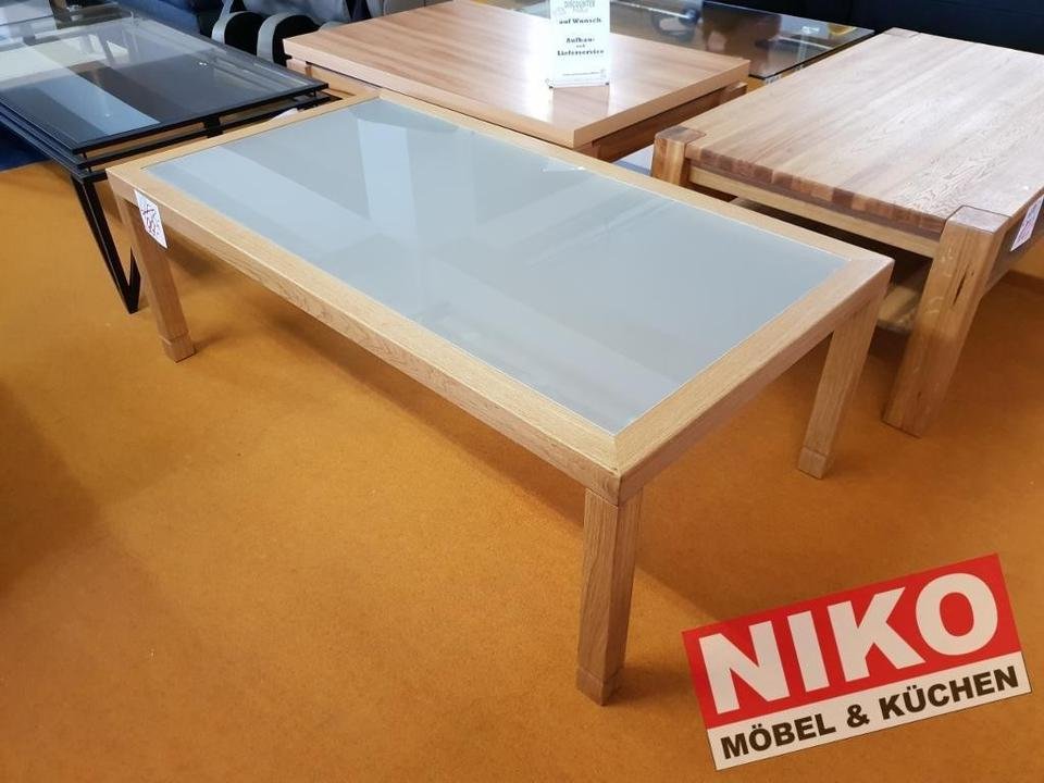 BOSTON Couchtisch 130 × 70 cm Eiche massiv/Glas – – Produktansicht 1