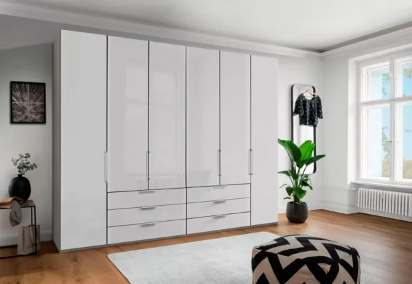 Wiemann Monaco Kleiderschrank – Korpus Kieselgrau, Front Glas Weiß, Griffe Chrom