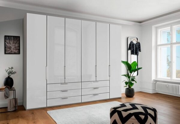Wiemann Monaco Kleiderschrank – Korpus Kieselgrau, Front Glas Weiß, Griffe Chrom