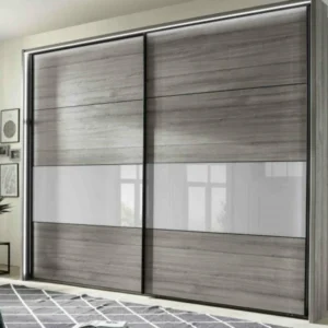 TEXEL Schwebetürenschrank 300 × 216 cm Diamant-Eiche/Glas Champagner – Originalfoto von Starmöbel